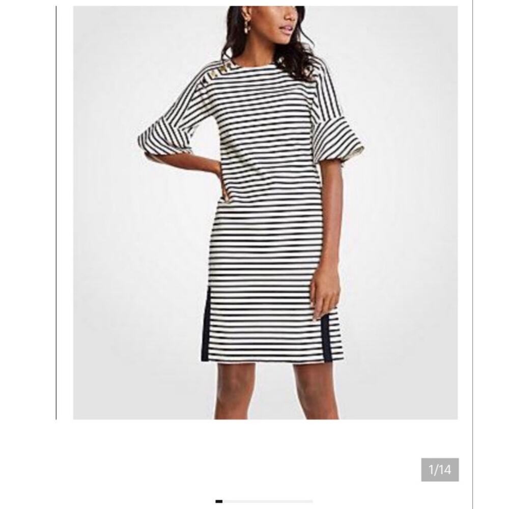 Ann Taylor Nautical Fluted Sleeve Cotton Blend Shift Dress Size Med-Large Tall